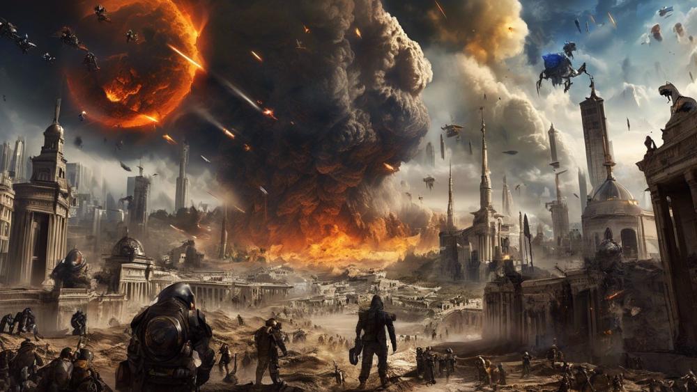 Fiery Apocalypse Over Ruined Cities and Armies Clash wallpaper