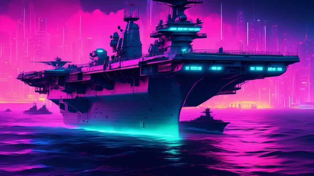 Neon Armada in a Futuristic Harbor wallpaper