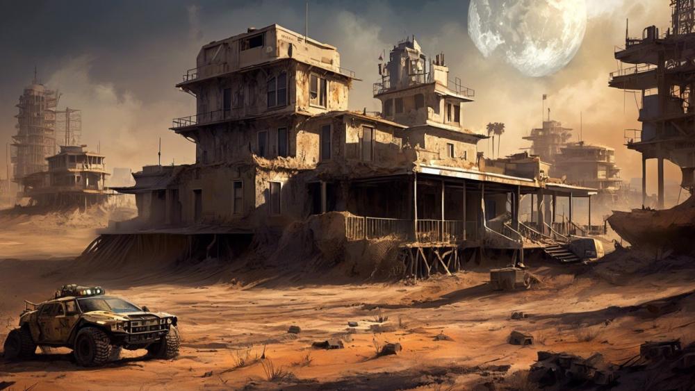 Apocalyptic Moonlit Sands: A Futuristic Wasteland Scene wallpaper