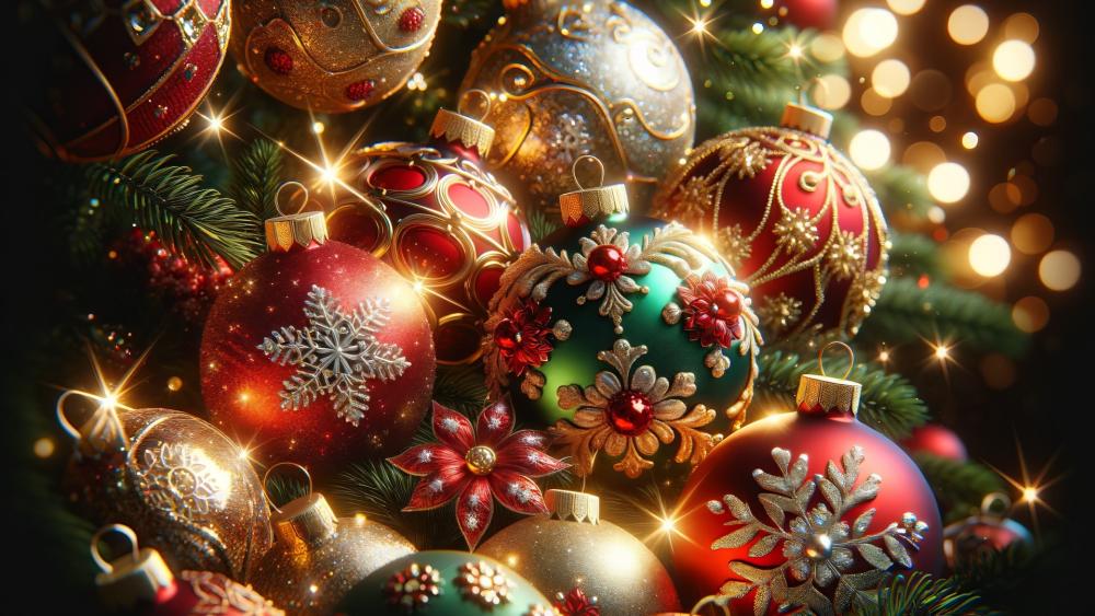 Enchanting Holiday Ornaments in Radiant Glow wallpaper