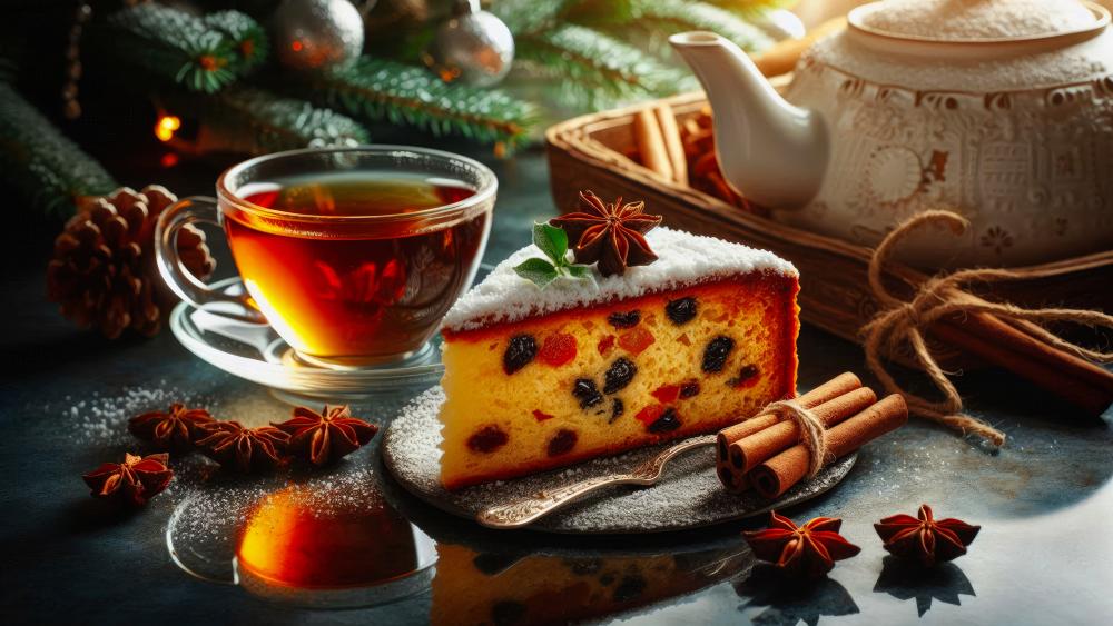 Christmas fruit cake and a cup of tea during Christmas season wallpaper