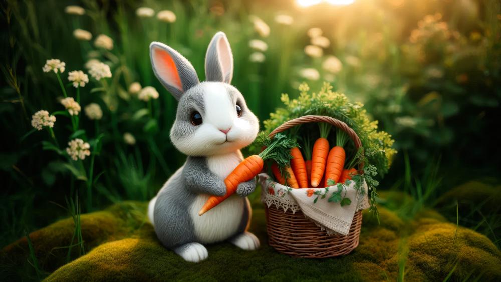 A Rabbit with a basket of carrots, holding a carrot.  wallpaper