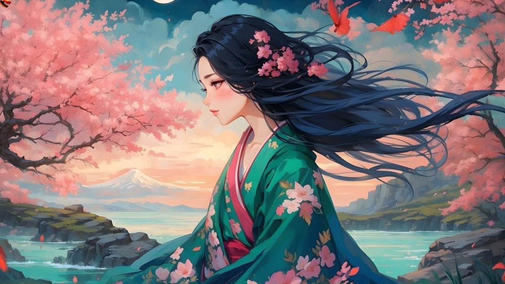 Blossoms and Tranquility in Anime Art wallpaper