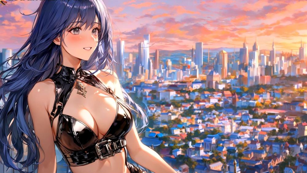 Blue-Haired Beauty Overlooking the Cityscape wallpaper