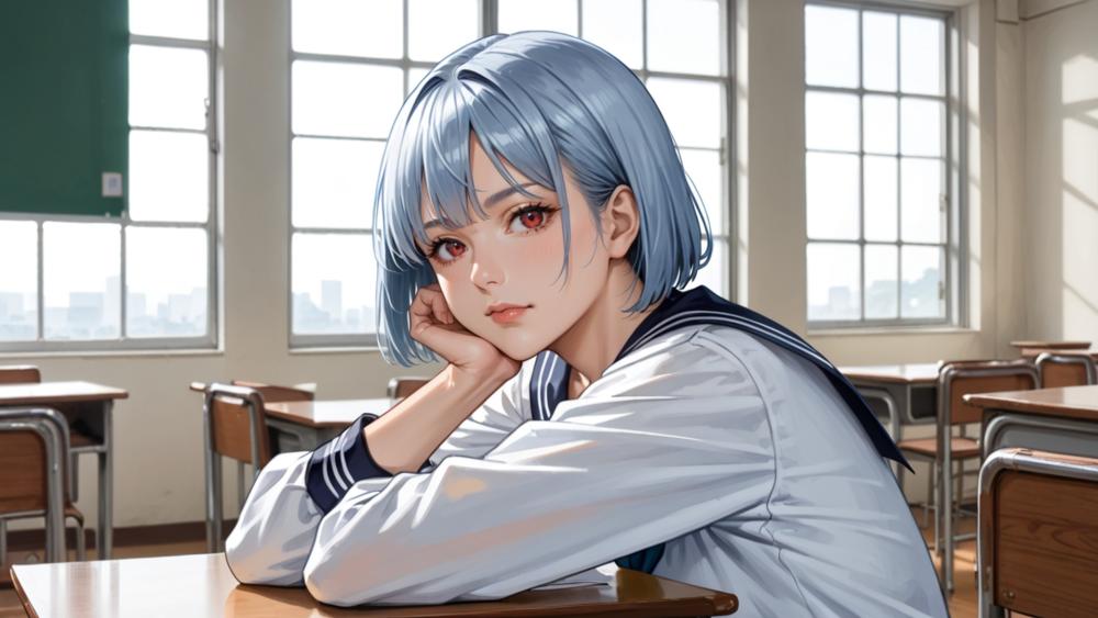 Silver-Haired Schoolgirl in Classroom Light wallpaper