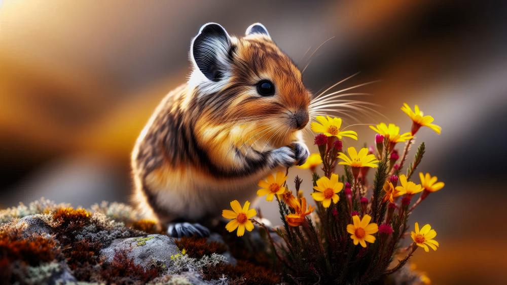 A Pika found some elegant flowers and was about to pick them up wallpaper