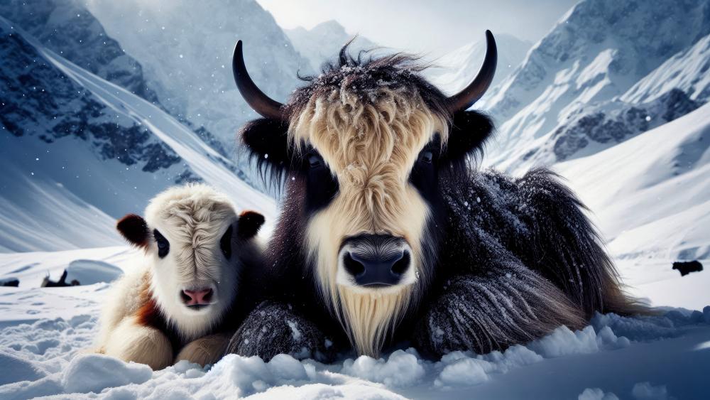 A Yak and a calf during Winter wallpaper