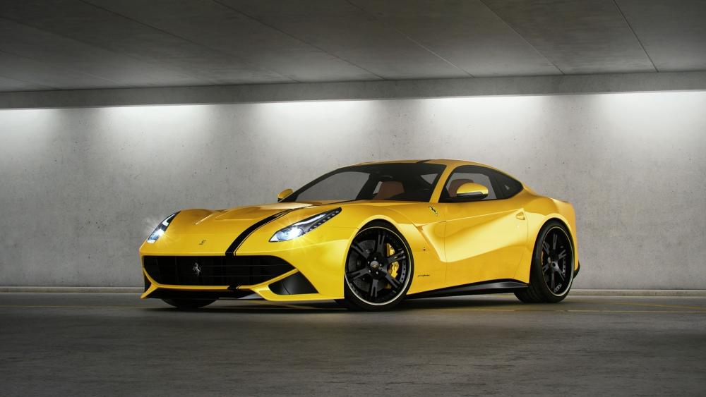 Yellow Ferrari F12 in Urban Setting wallpaper