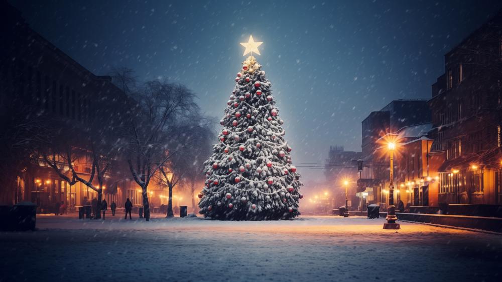 Snowy Christmas Tree in Festive Town Square wallpaper