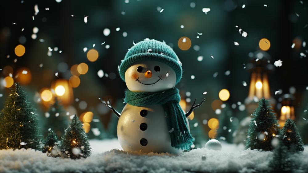 Snowy Festivities with a Cheerful Snowman wallpaper