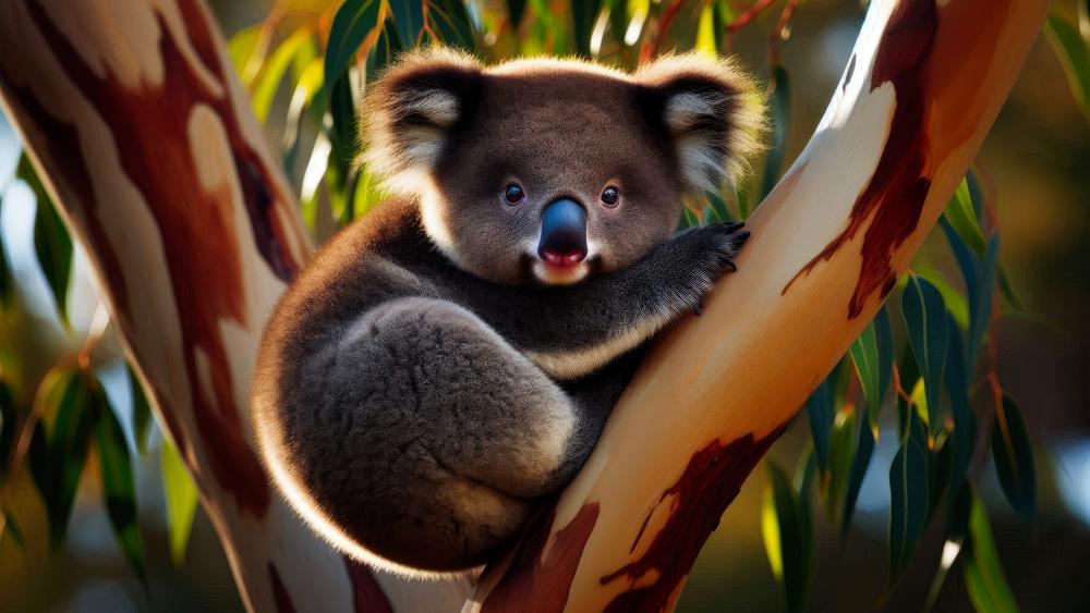 A Koala bear on a eucalyptus branch wallpaper