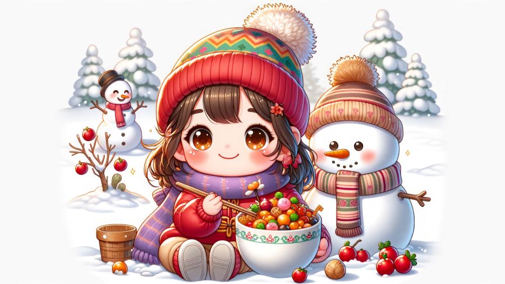 Anime Christmas Magic with Little Girl and Snowman wallpaper