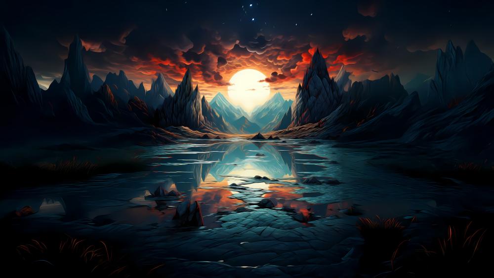 Mystical Twilight Reflections in Fantasy Lake Landscape wallpaper