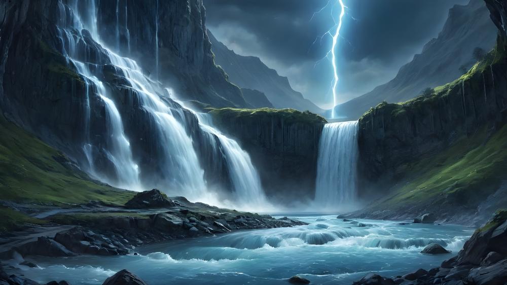 Mystical Waterfalls Under Stormy Skies wallpaper