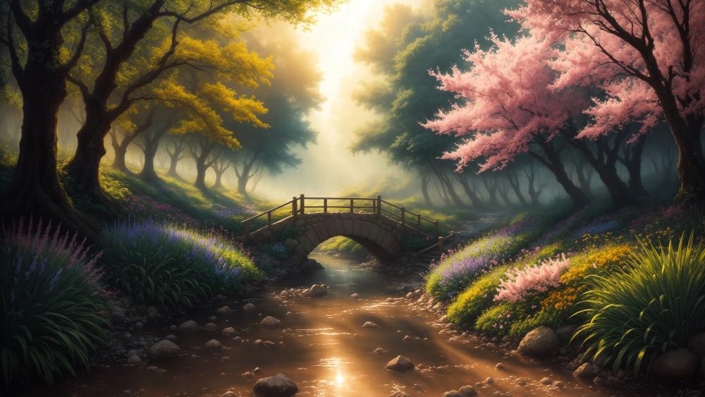 Idyllic Fantasy Bridge in Enchanted Forest wallpaper