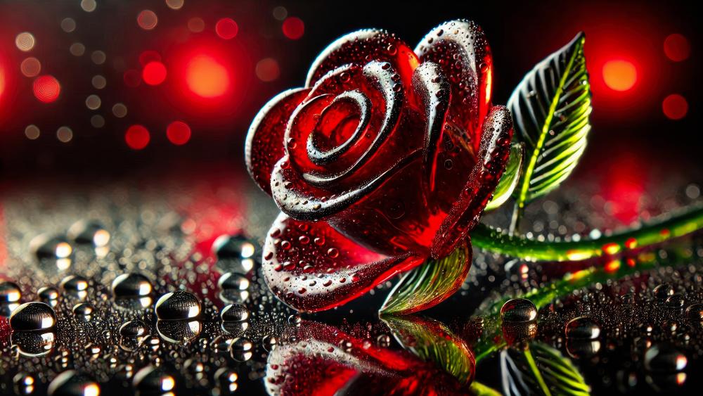 A Rose made of glass on a wet surface wallpaper