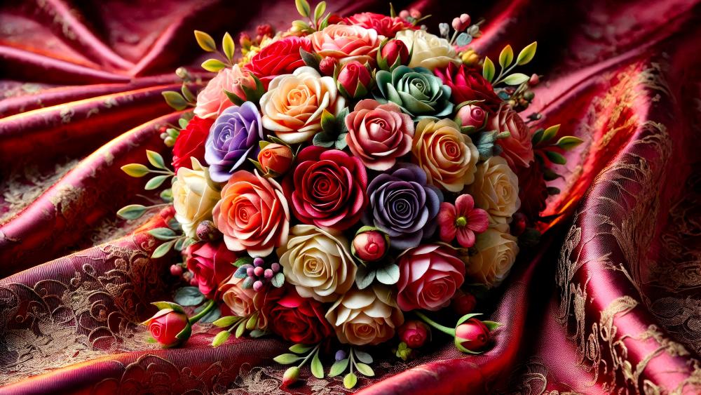 Bouquet of roses on a fabric wallpaper