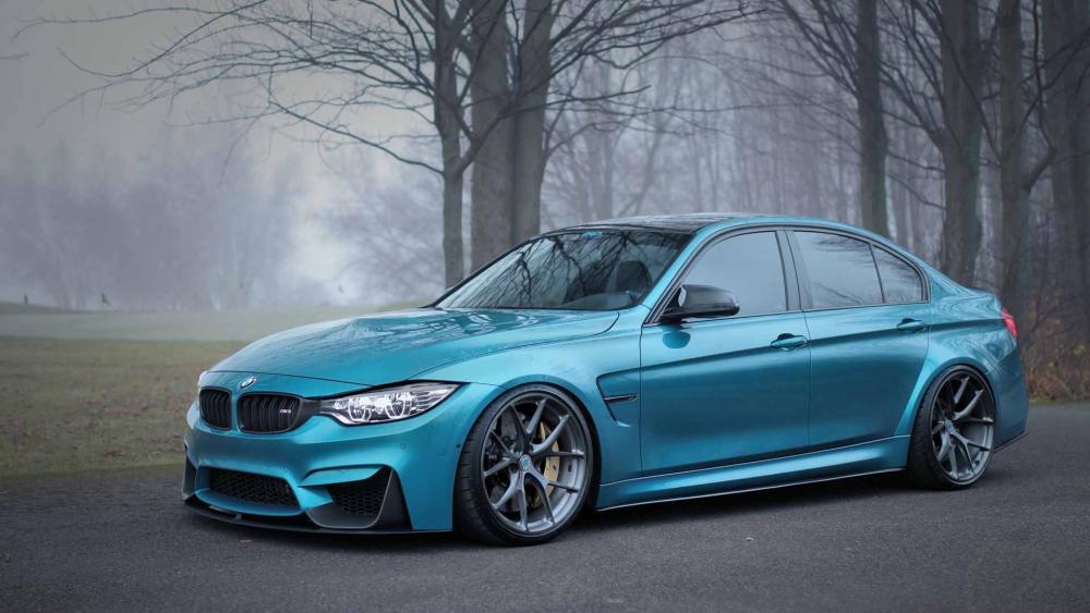 Blue BMW M3 in Misty Forest Setting wallpaper