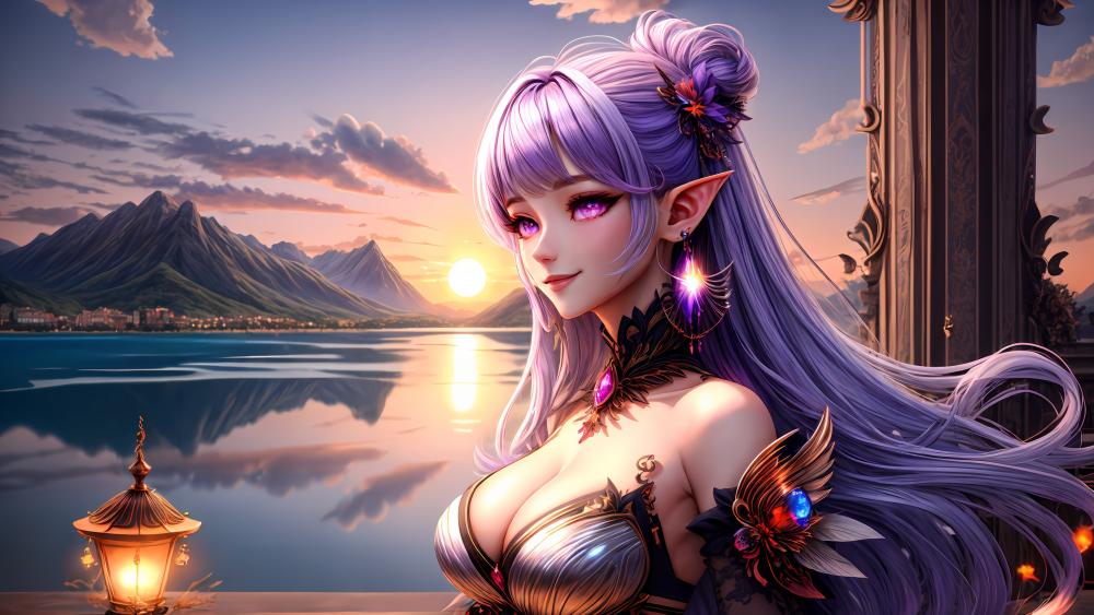 Enchanting Elf by the Lakeside at Dusk wallpaper