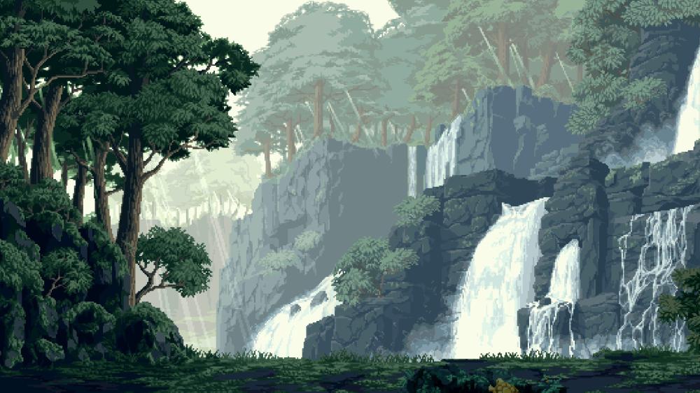 Pixelated Fantasy Waterfall Landscape wallpaper