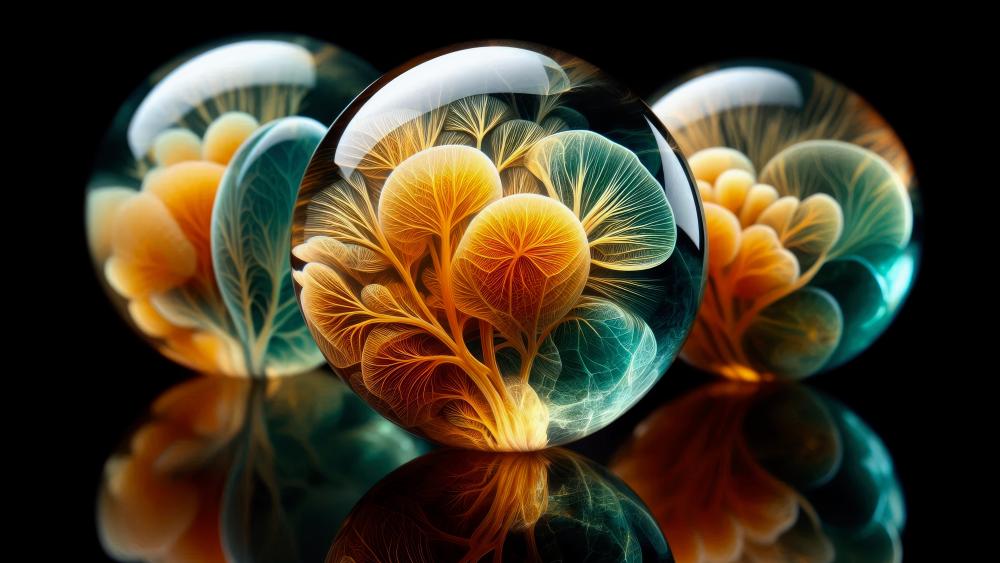 Exotic glass balls on a reflective surface wallpaper