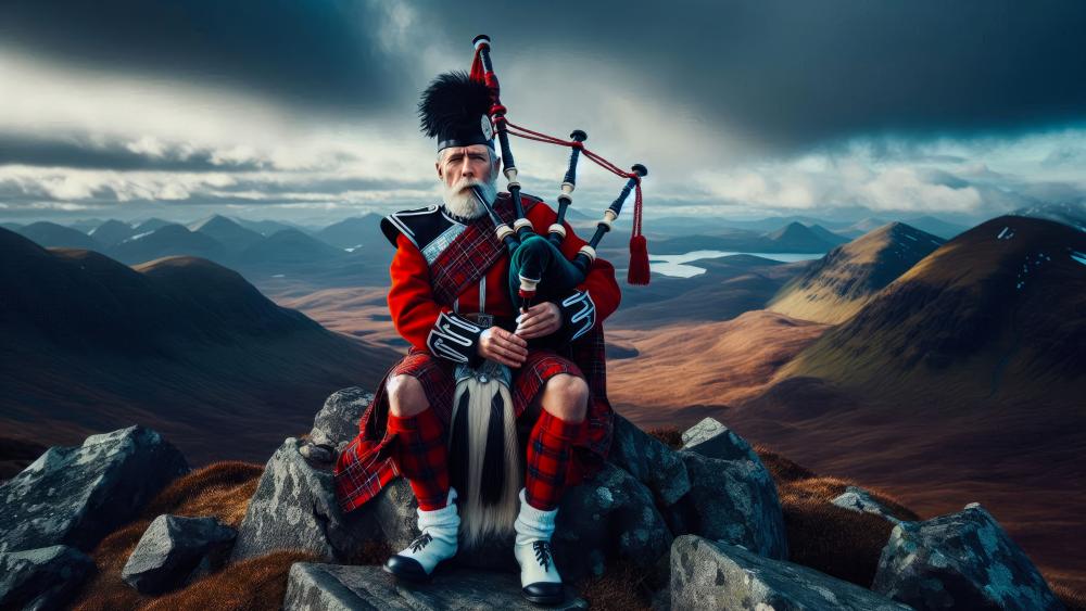 Scottish Piper on a mountaintop, playing his instrument wallpaper