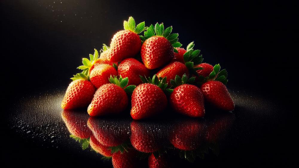 Strawberries on a reflective surface wallpaper