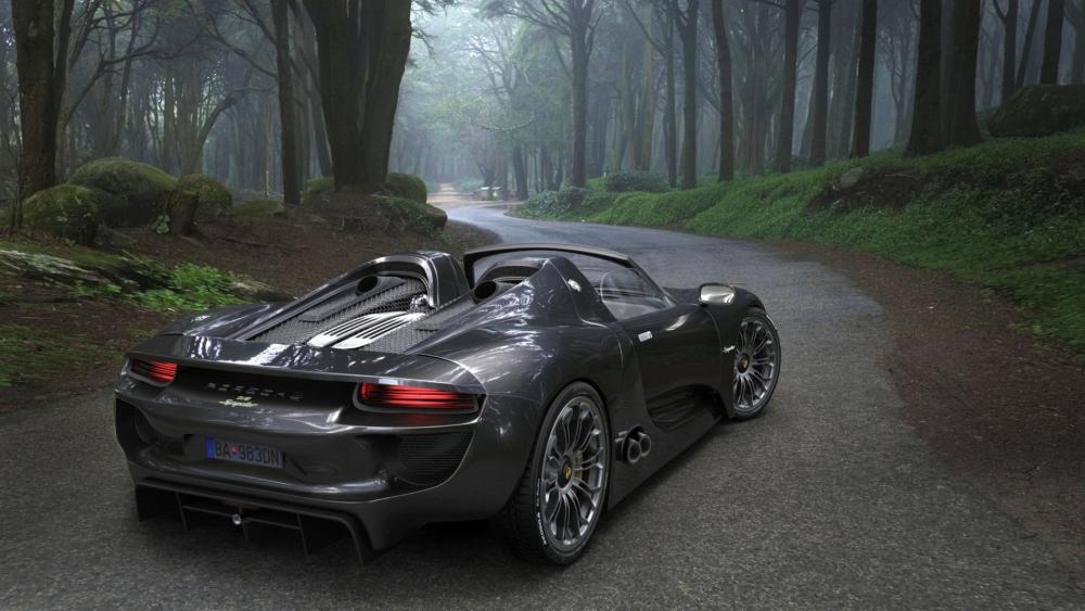 Porsche 918 Spyder in Serene Forest Drive wallpaper