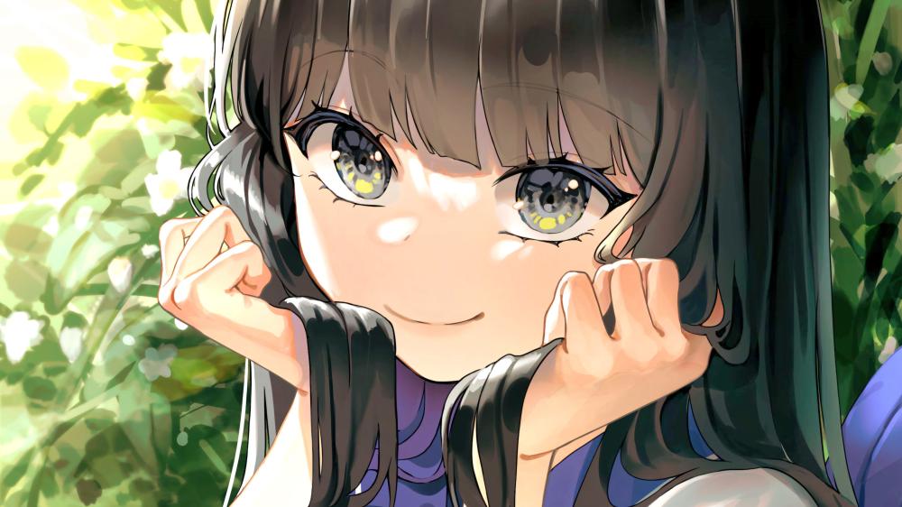 Anime Girl's Enigmatic Smile in Lush Garden Setting wallpaper