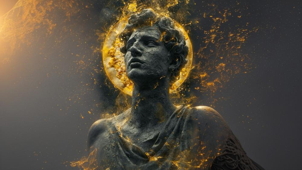 Ethereal Statue with Fiery Halo Explosion wallpaper