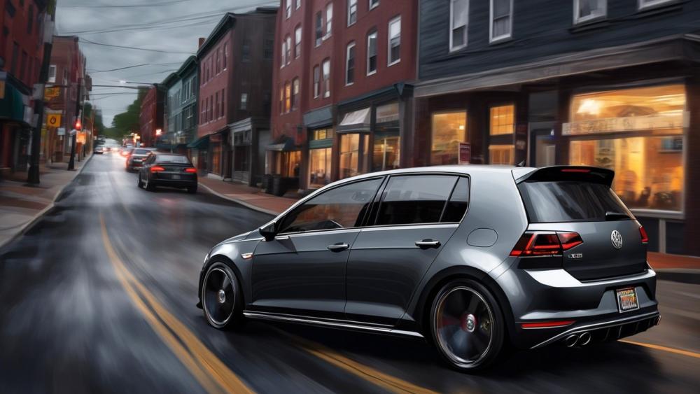 Volkswagen GTI in Motion on a Rainy Street wallpaper