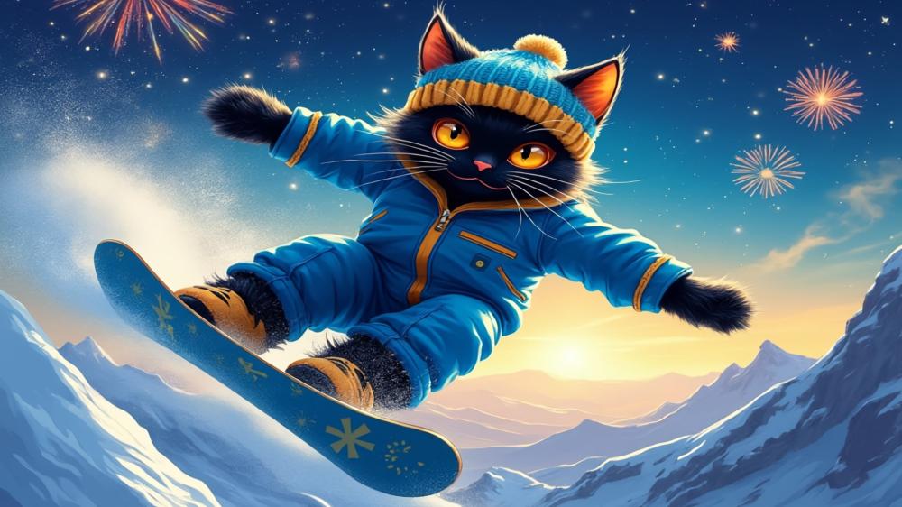 Feline Snowboard Adventure wallpaper