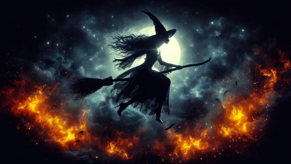 Witch on a broom flying wallpaper