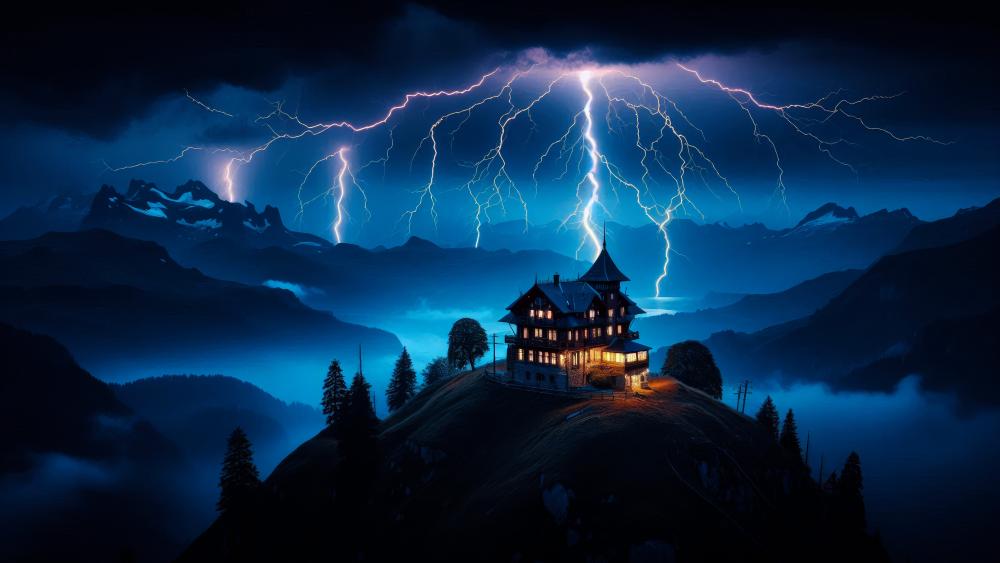 Lightning strikes on a mansion located on a mountain top wallpaper