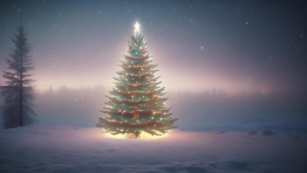 Magical Christmas Tree Under Starlit Sky wallpaper