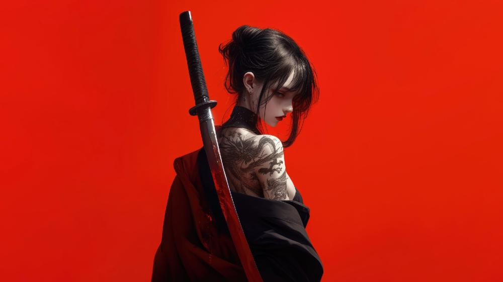 Rebel Spirit: Tattooed Samurai in Red wallpaper