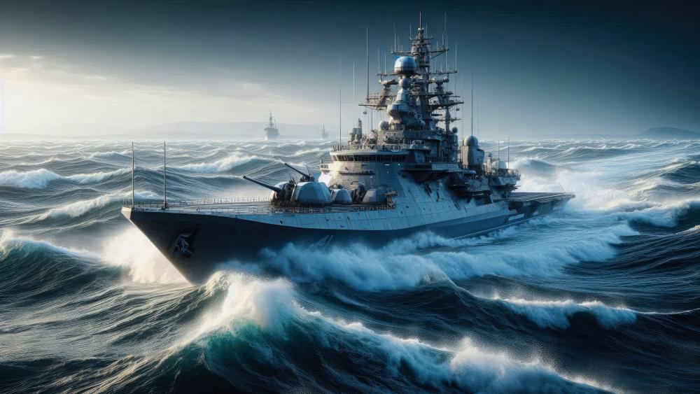 A war ship in rough seas, sailing ahead wallpaper