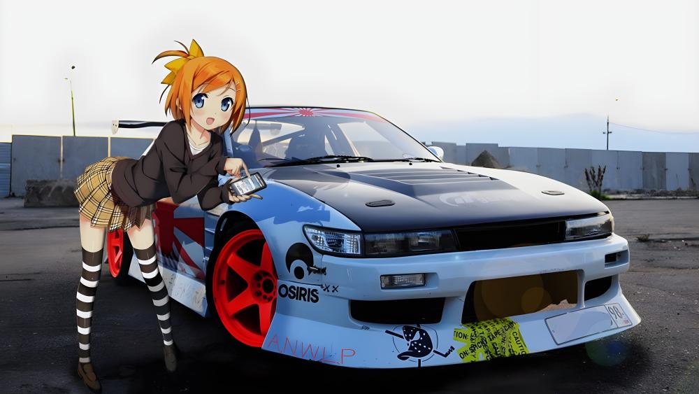 Anime Girl with Nissan Silvia Adventure wallpaper