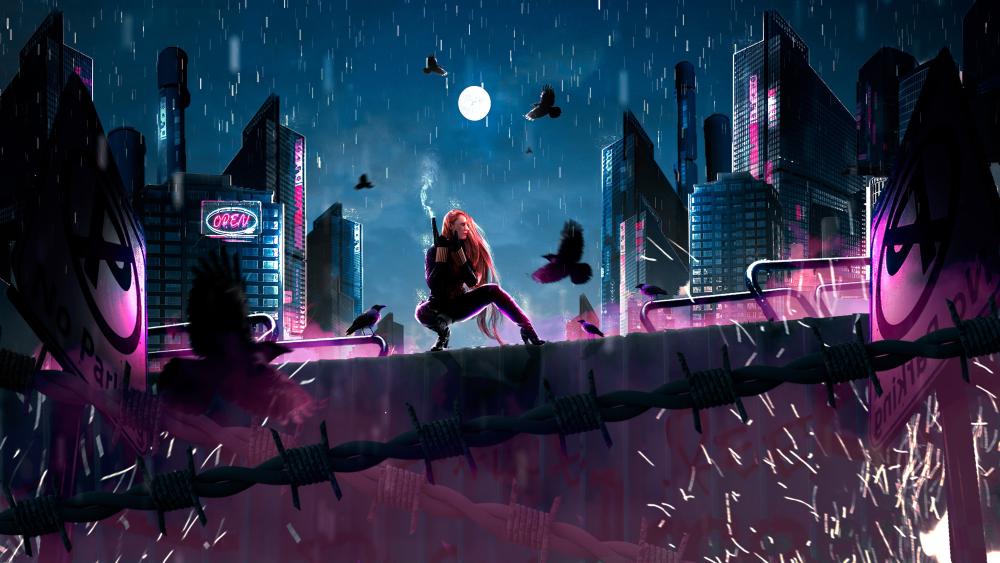 Neon Rooftop Guardians in a Futuristic Cityscape wallpaper