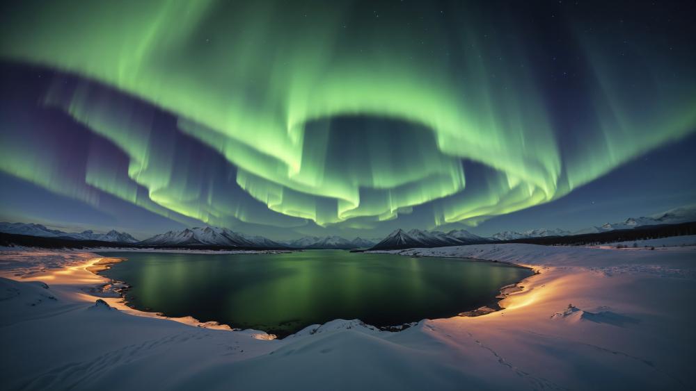 Aurora Borealis over a Snowy Lake wallpaper