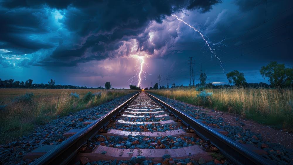 Lightning Over Railway Tracks in the Countryside wallpaper