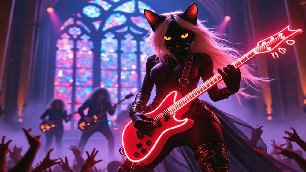 Rocking Feline Fantasy: Black Cat Guitarist Extravaganza! wallpaper