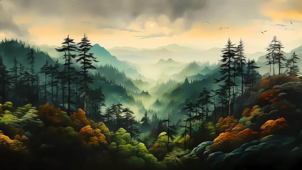 Misty Valley Enchantment by AI wallpaper