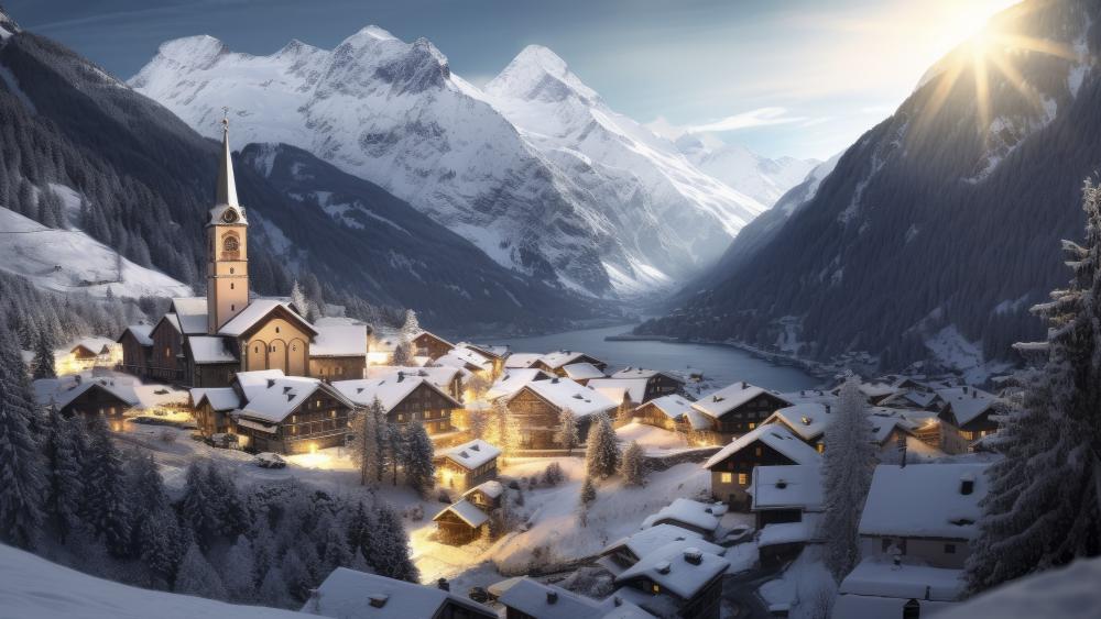 Winter Wonderland in an Alpine Village wallpaper