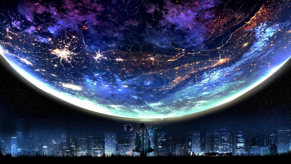 Epic Night Sky Over Cityscape wallpaper