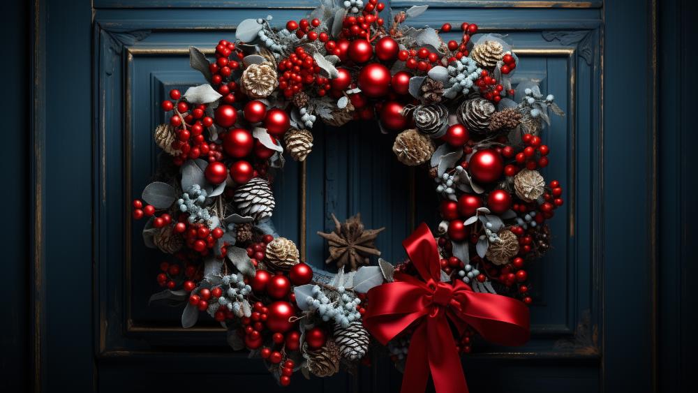 Festive Wreath on Elegant Dark Door wallpaper