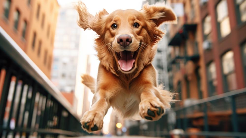 Golden Retriever's Joyful Leap in the Cityscape wallpaper