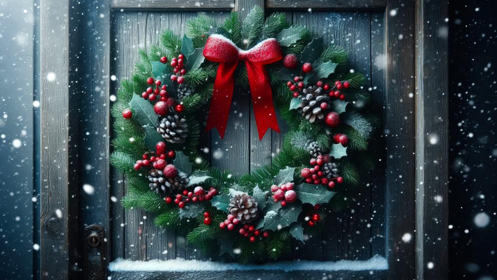 Merry Christmas - Christmas wreath on the door wallpaper