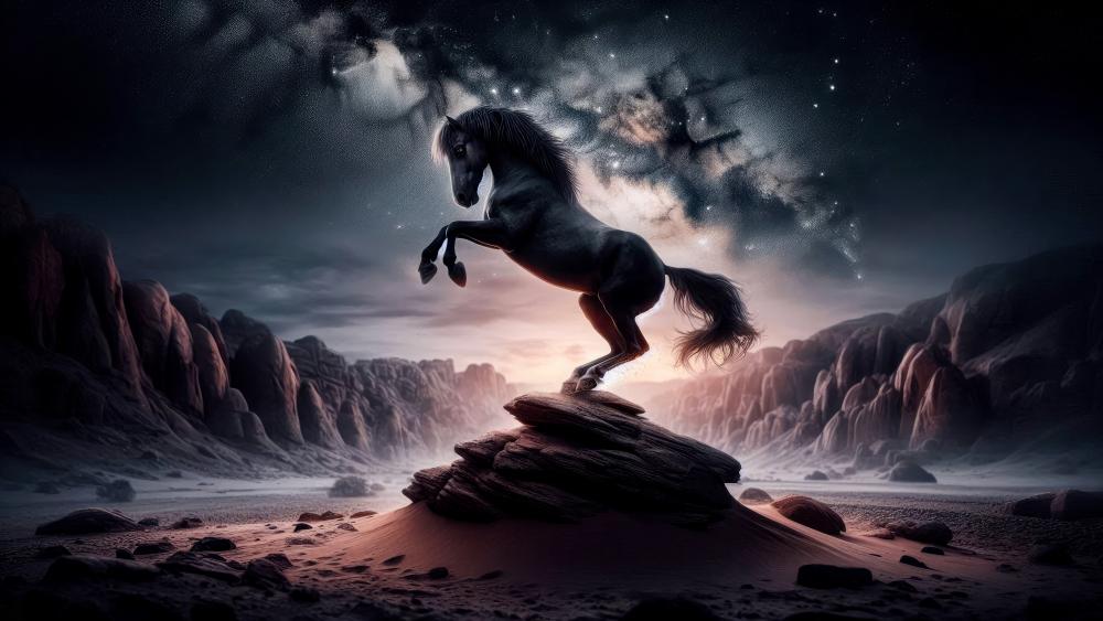 A Stallion in a desert in a bright night wallpaper