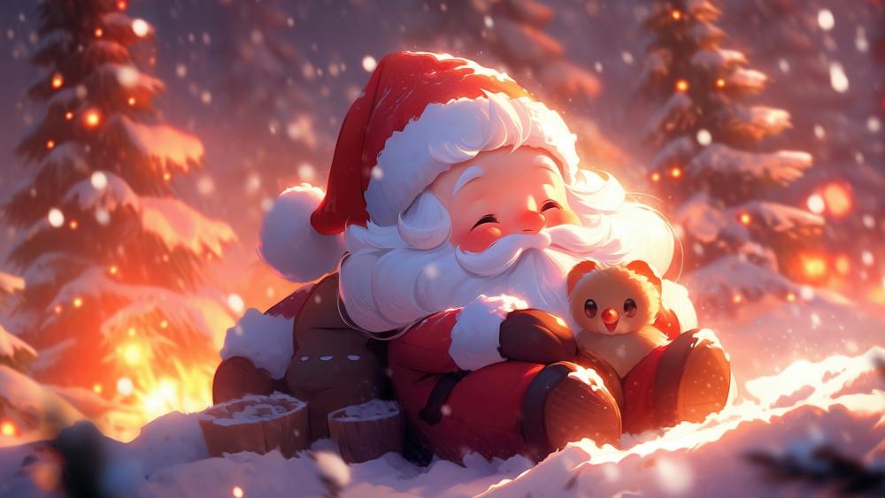 Adorable Santa and Friend in Winter Wonderland wallpaper